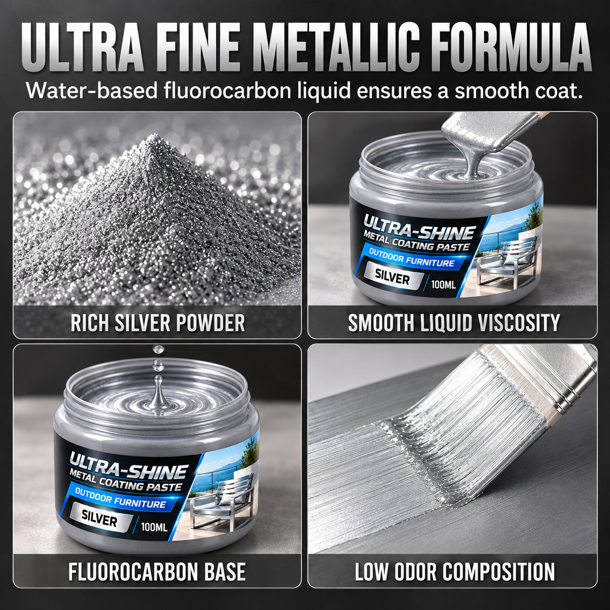 Illustration of silver metallic coating texture and paintbrush application