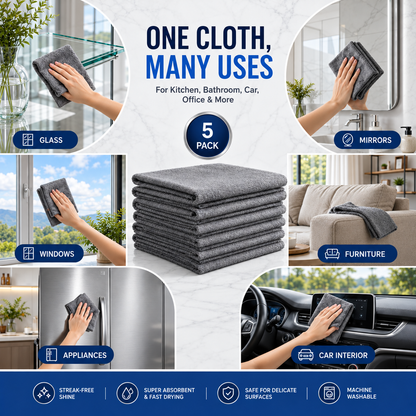 5 PCS Thick Microfiber Cleaning Cloths – Streak-Free Glass Cleaning Cloths for Windows, Mirrors, Shower Doors, Kitchen & Stainless Steel, Reusable Lint-Free Wipes, 15.7 × 11.8 Inch
