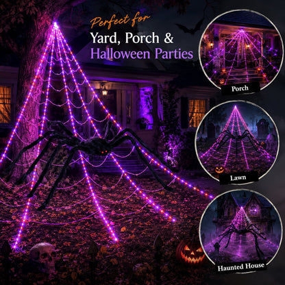 Halloween LED Spider Web Lights & Giant Black Spider Decor | 250 LEDs, 8 Modes, Remote Control