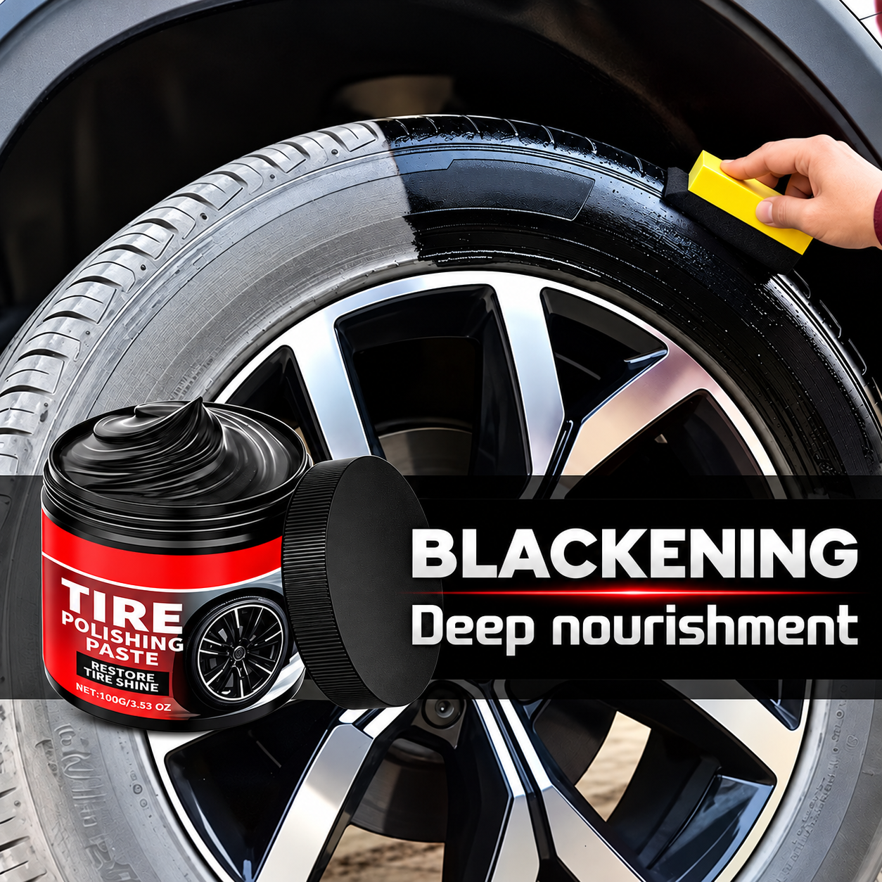Applying tire polishing paste with a sponge
