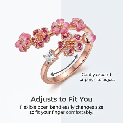Peach Blossom Ring For Women, Rose Gold Plated Adjustable Pink Floral Jewelry Ring