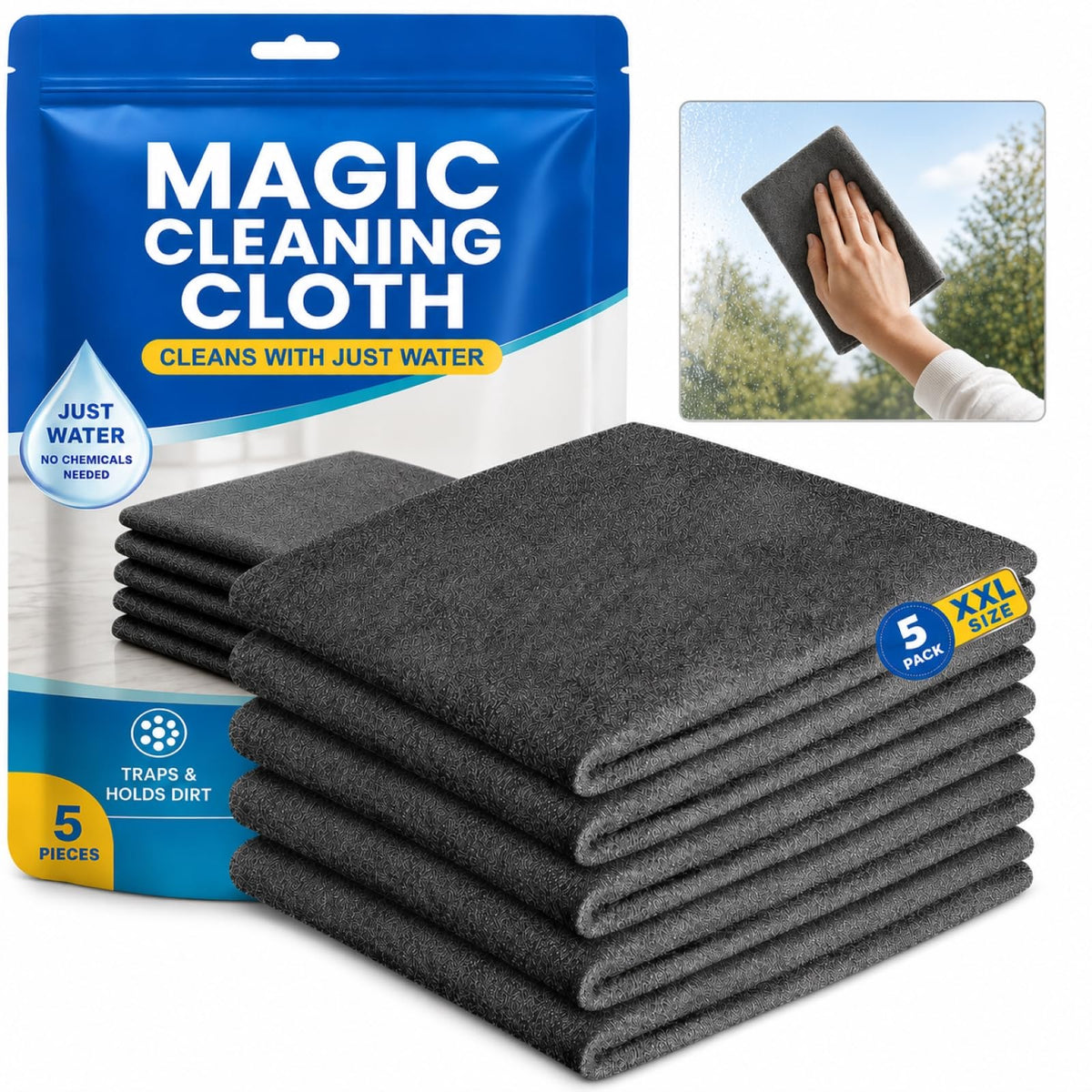 5 PCS Thick Microfiber Cleaning Cloths – Streak-Free Glass Cleaning Cloths for Windows, Mirrors, Shower Doors, Kitchen & Stainless Steel, Reusable Lint-Free Wipes, 15.7 × 11.8 Inch