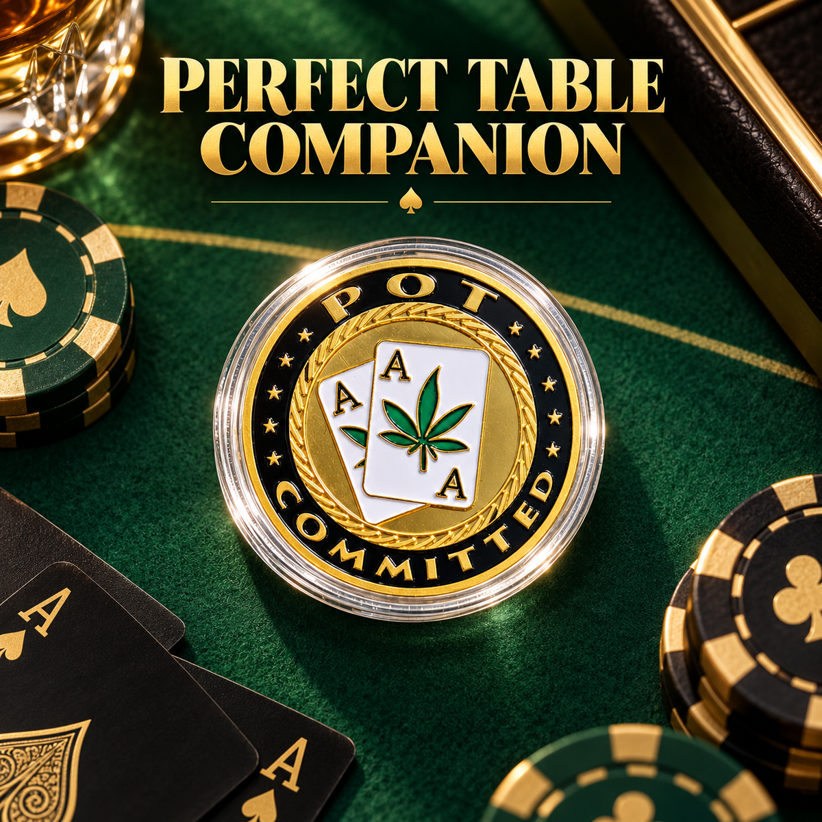 🍀GOOD LUCK ‑ Gold Metal Poker With Protective Case