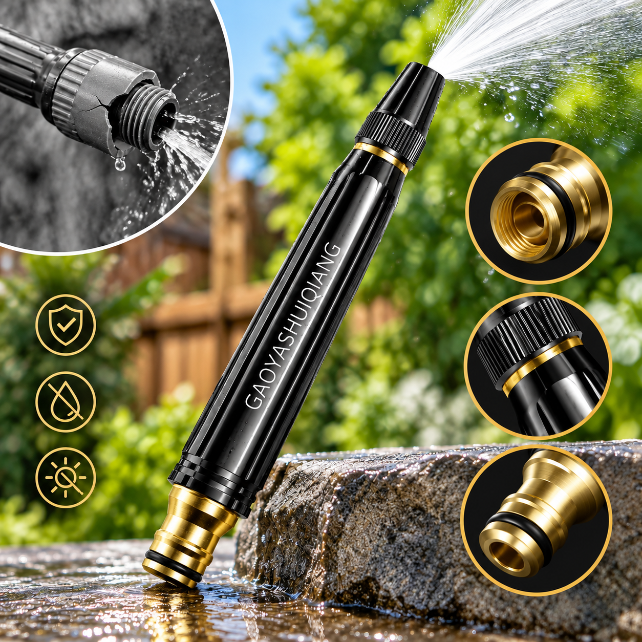 Water hose spray nozzle showing adjustable head and brass-colored connectors