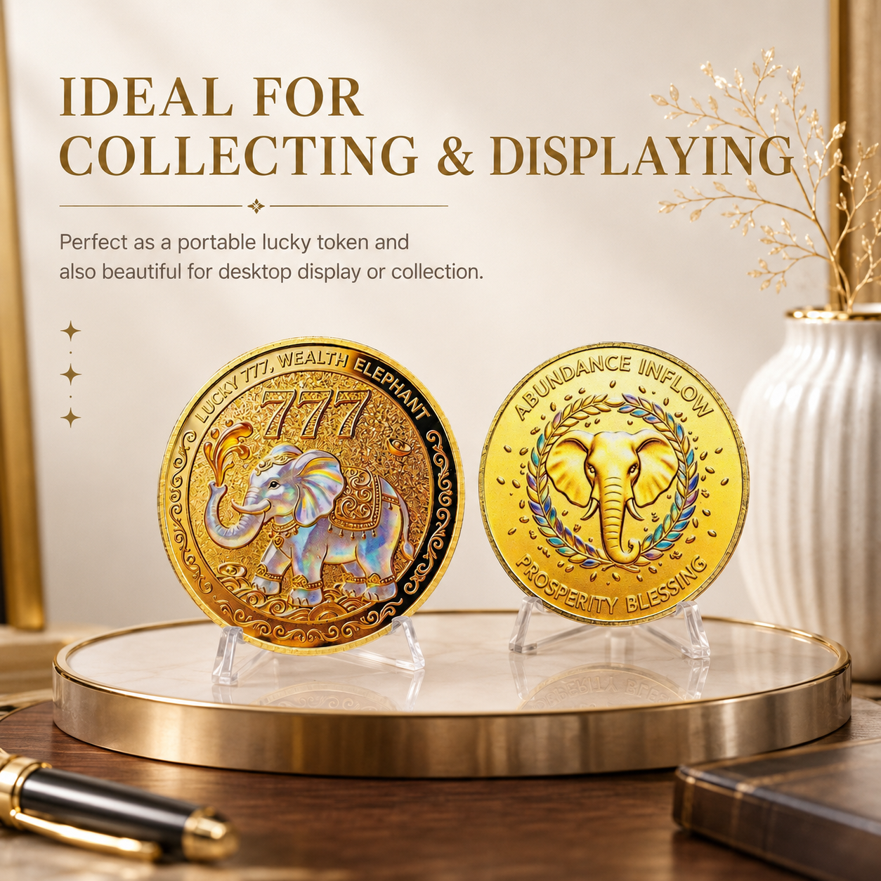 2D Lucky Elephant Coin, Double‑Sided 777 Wealth Token, Water‑Spraying Fortune Talisman