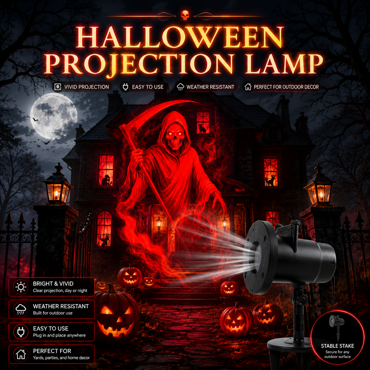 Halloween Skull Projection Light – Waterproof Moving Skull Projector for Spooky Outdoor Yard Decorations