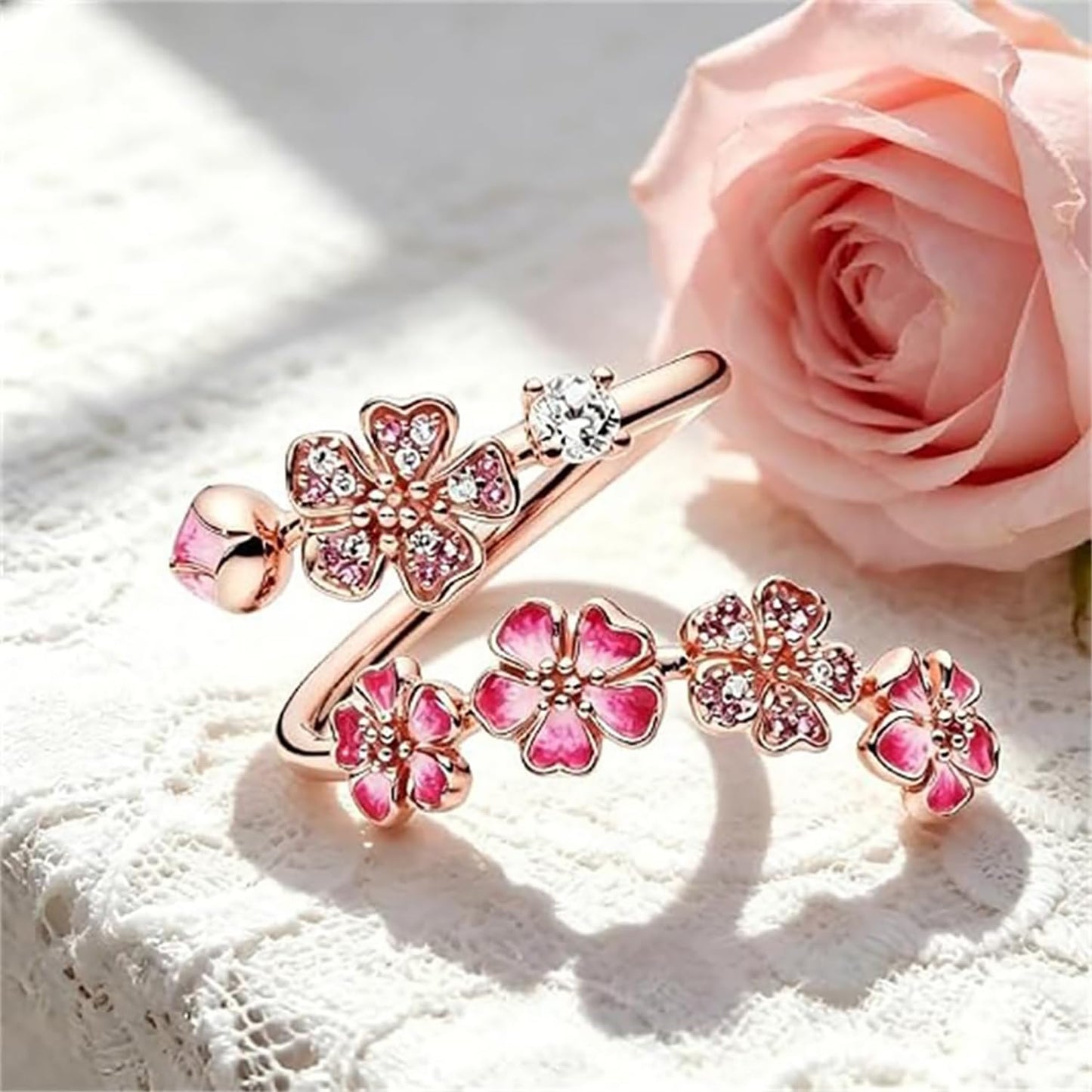 Peach Blossom Ring For Women, Rose Gold Plated Adjustable Pink Floral Jewelry Ring