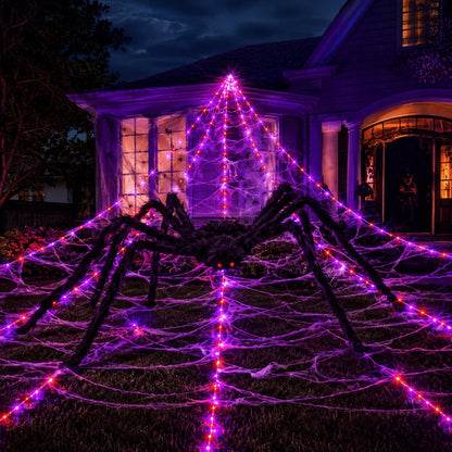 Halloween LED Spider Web Lights & Giant Black Spider Decor | 250 LEDs, 8 Modes, Remote Control