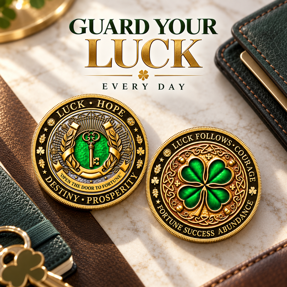 🍀Lucky Four-Leaf Clover & Wealth Key Coin - Double-Sided 3D Embossed Commemorative Replica