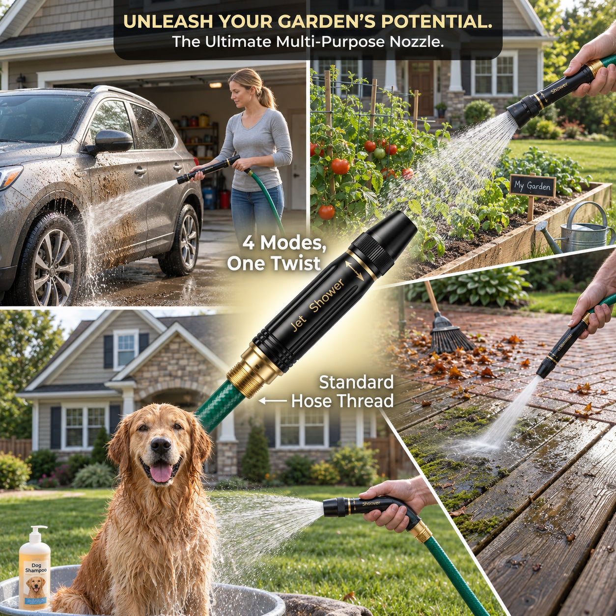 Adjustable hose nozzle shown in car washing garden watering driveway and outdoor cleaning scenarios
