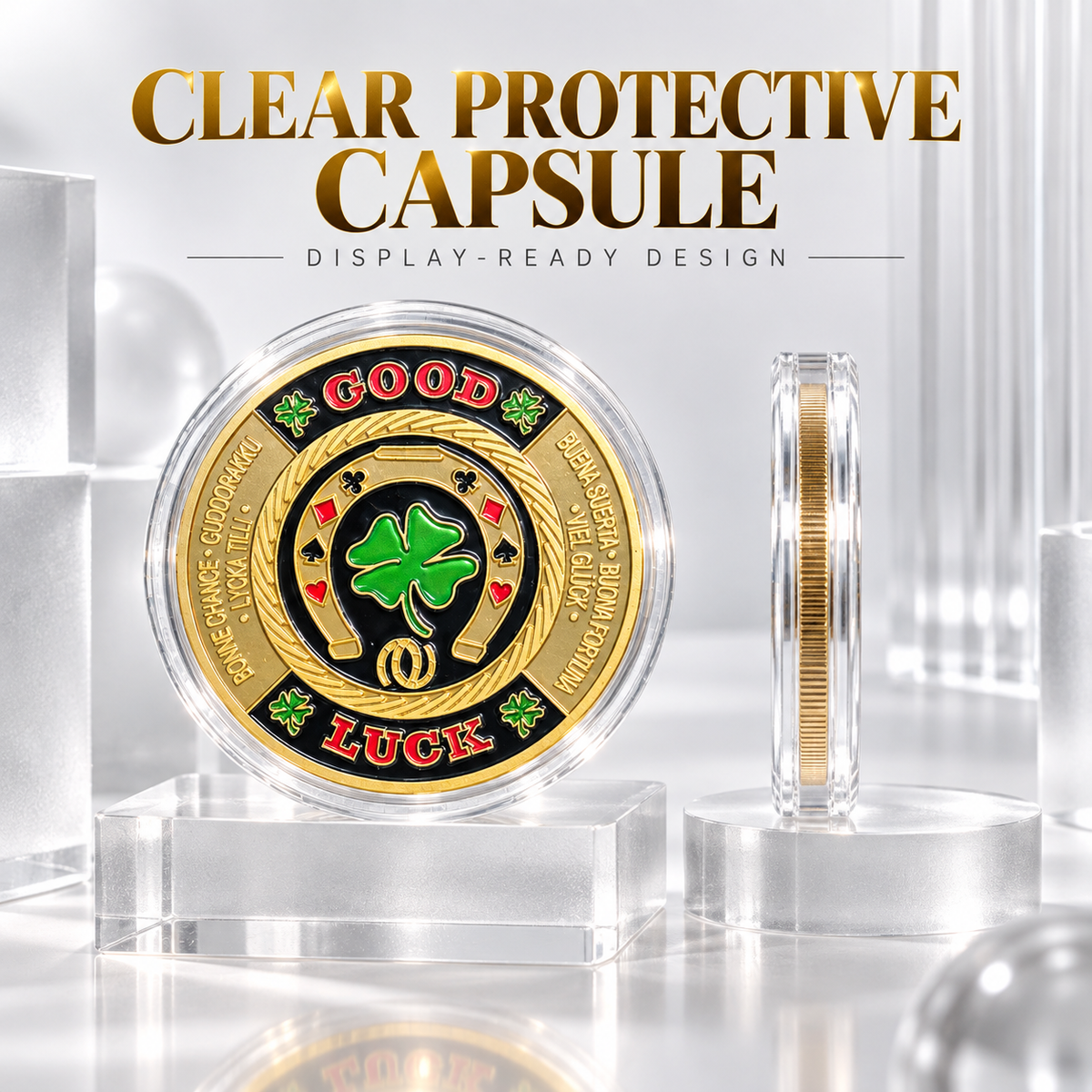 🍀GOOD LUCK ‑ Gold Metal Poker With Protective Case
