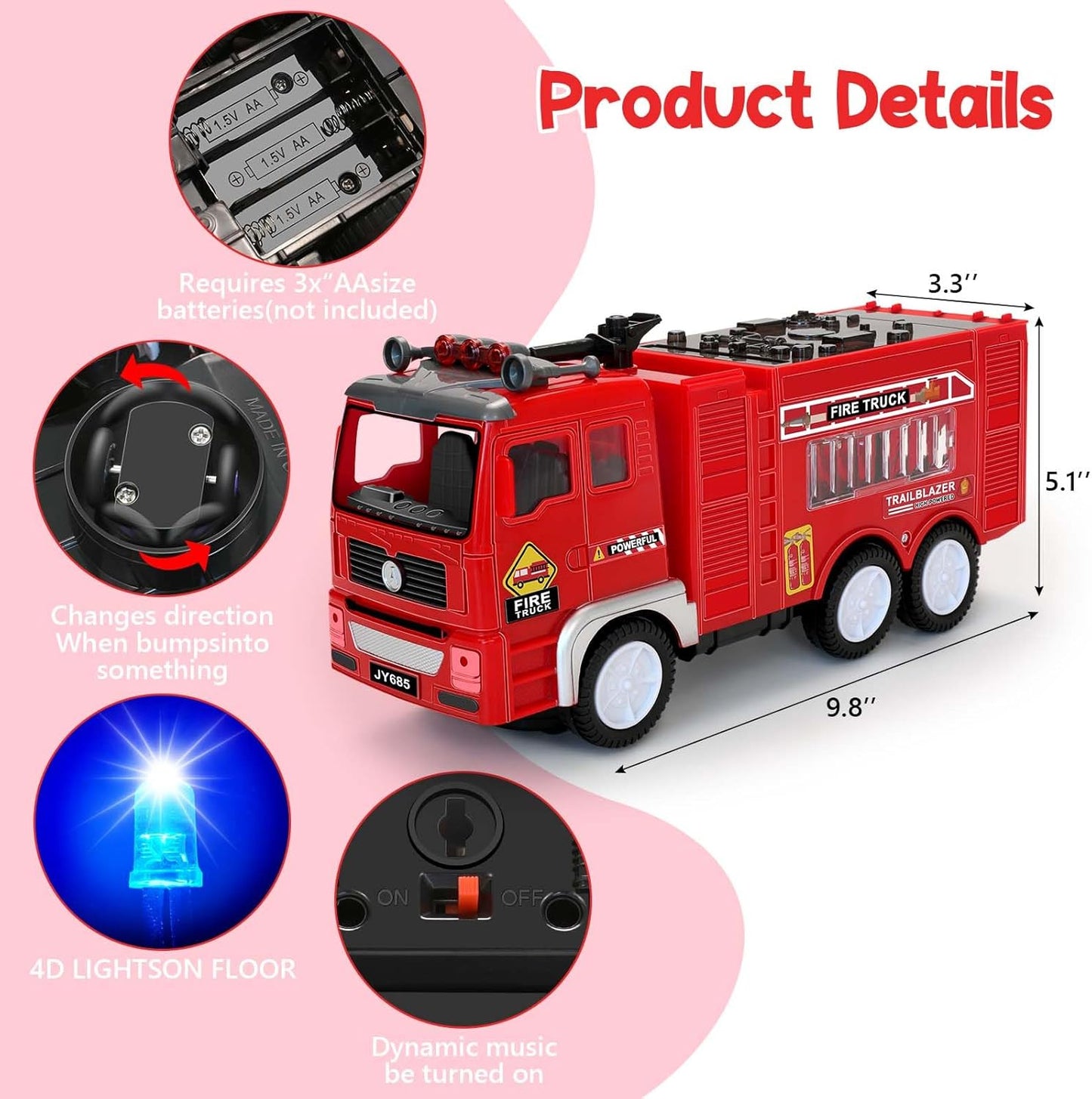 4D LED Light Up Fire Truck Toy, Music & Automatic Bump Function