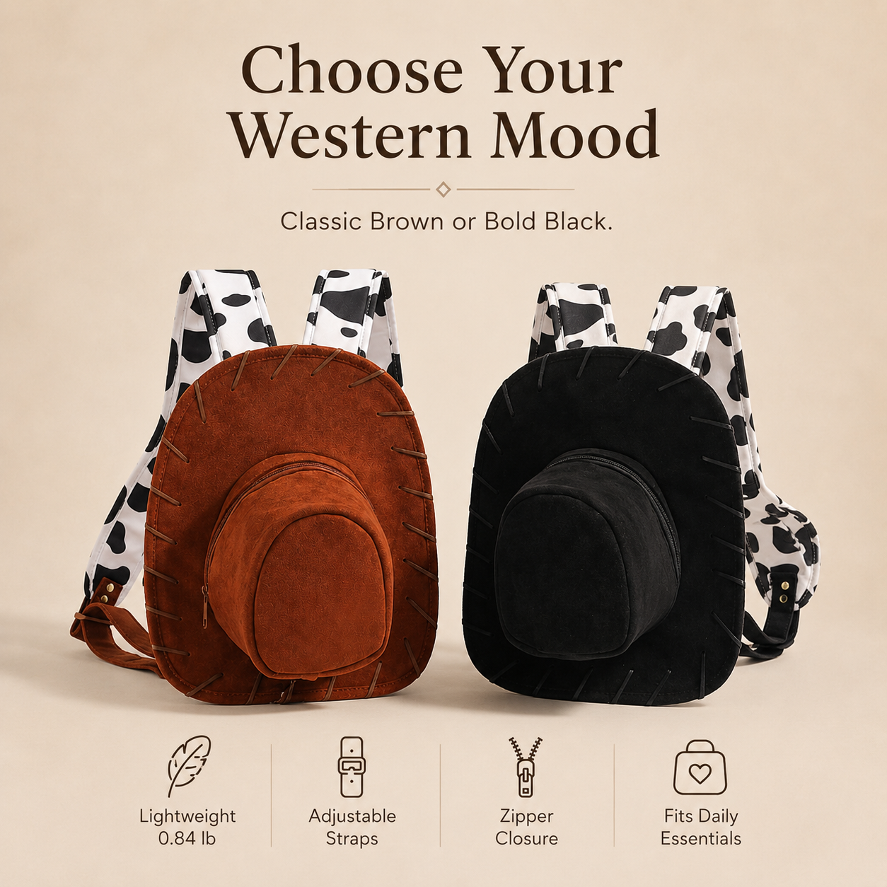 Western Cowboy Hat Shaped Backpack Cow Print Straps Mini Leather Purse