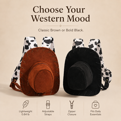 Western Cowboy Hat Shaped Backpack Cow Print Straps Mini Leather Purse