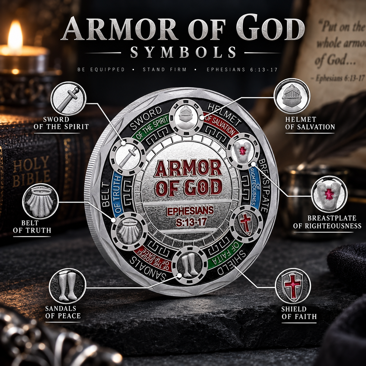 ✝️God in Full Armor Challenge Coin | Symbol of Spiritual Strength and Faith Protection