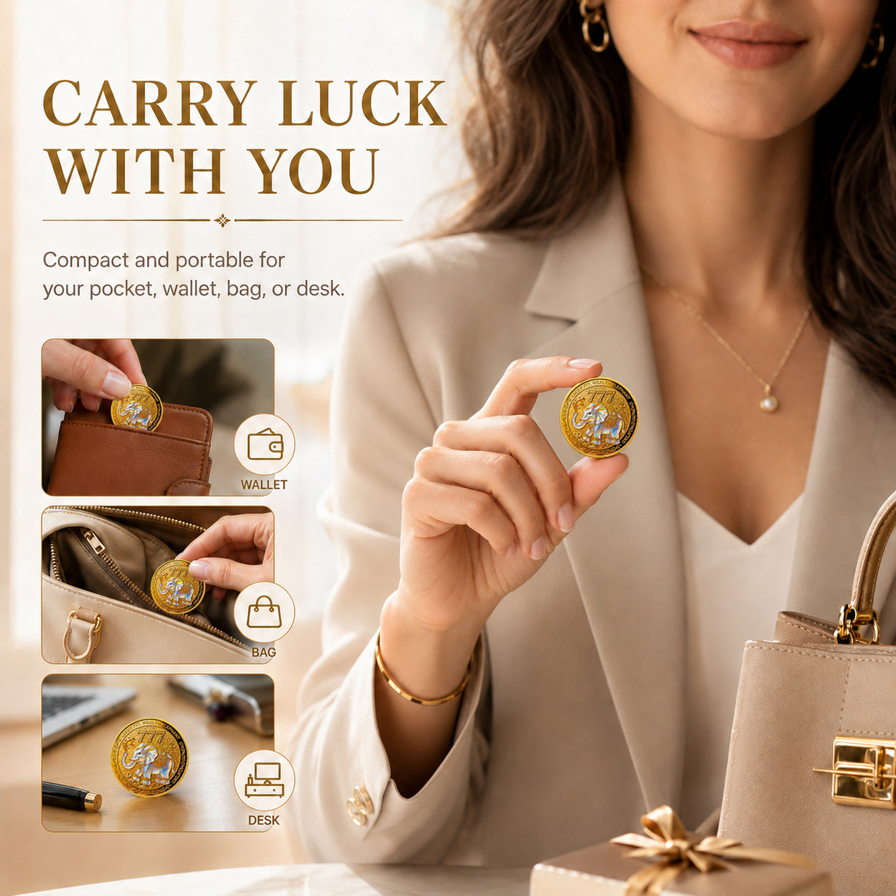 2D Lucky Elephant Coin, Double‑Sided 777 Wealth Token, Water‑Spraying Fortune Talisman