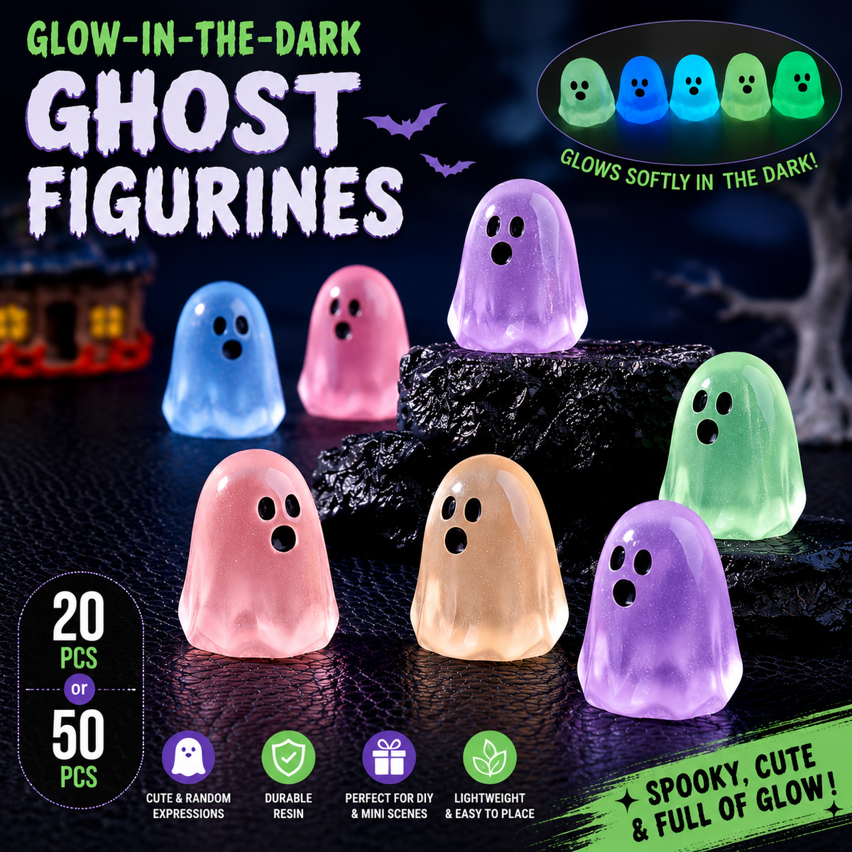 Glow‑in‑the‑Dark Mini Ghost Figurines | Resin Halloween DIY Decor 20/50PCS