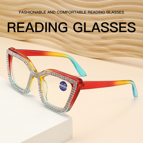Diamond‑Studded Cat‑Eye Large Frame PC Light Anti‑Fatigue Reading Glasses