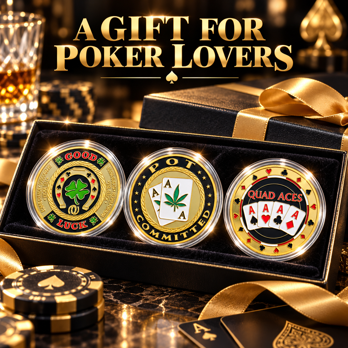 🍀GOOD LUCK ‑ Gold Metal Poker With Protective Case