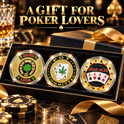 🍀GOOD LUCK ‑ Gold Metal Poker With Protective Case