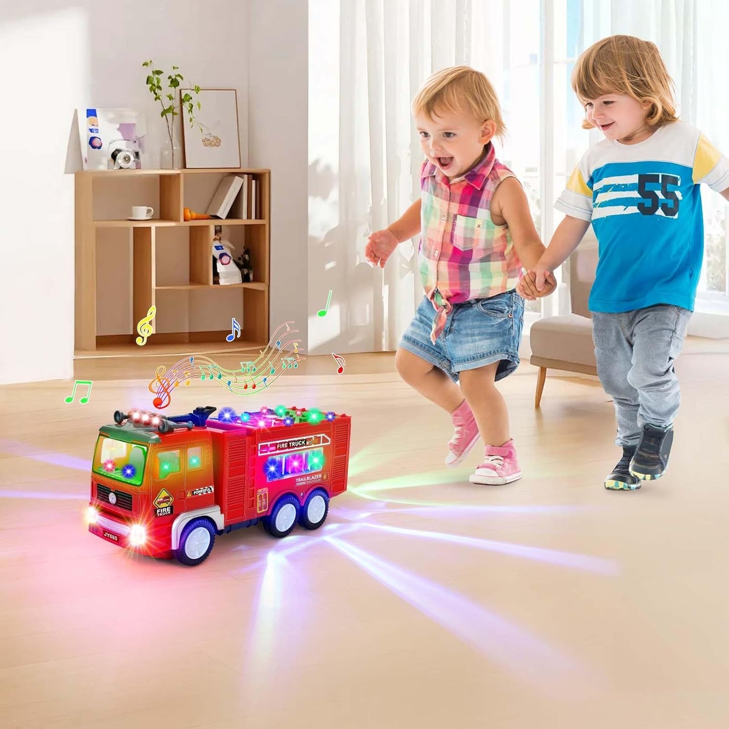 4D LED Light Up Fire Truck Toy, Music & Automatic Bump Function
