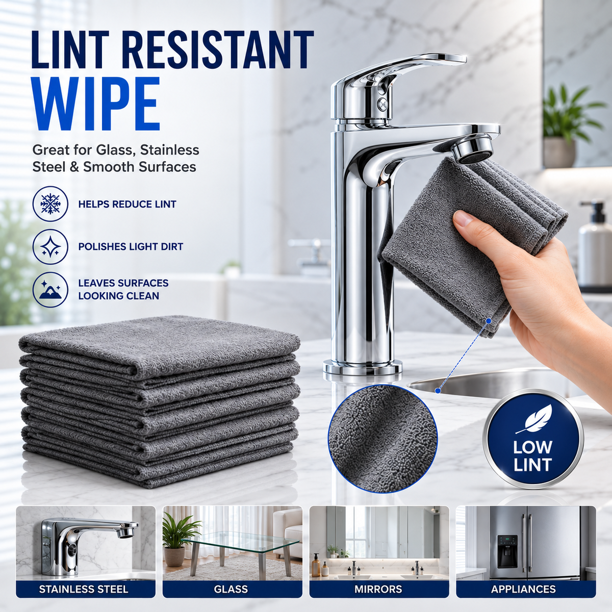 Gray microfiber cleaning cloth used on a stainless steel faucet and other smooth surfaces