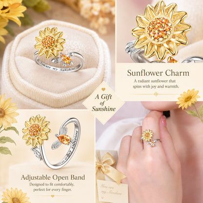 Sunflower Fidget Rings for Women,You are My Sunshine Chic Sunflower Open Ring