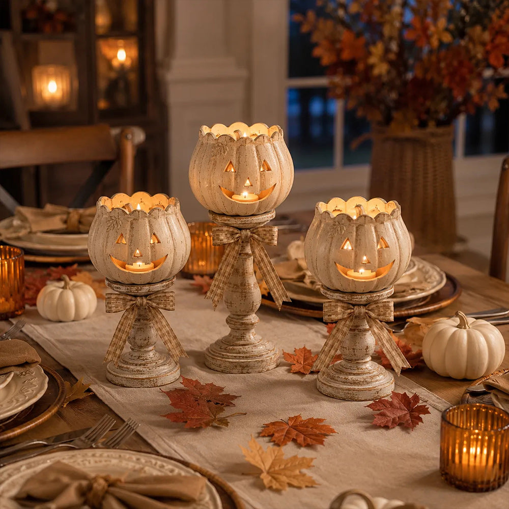 Glow White Pumpkin Tealight Holders – Set of 3