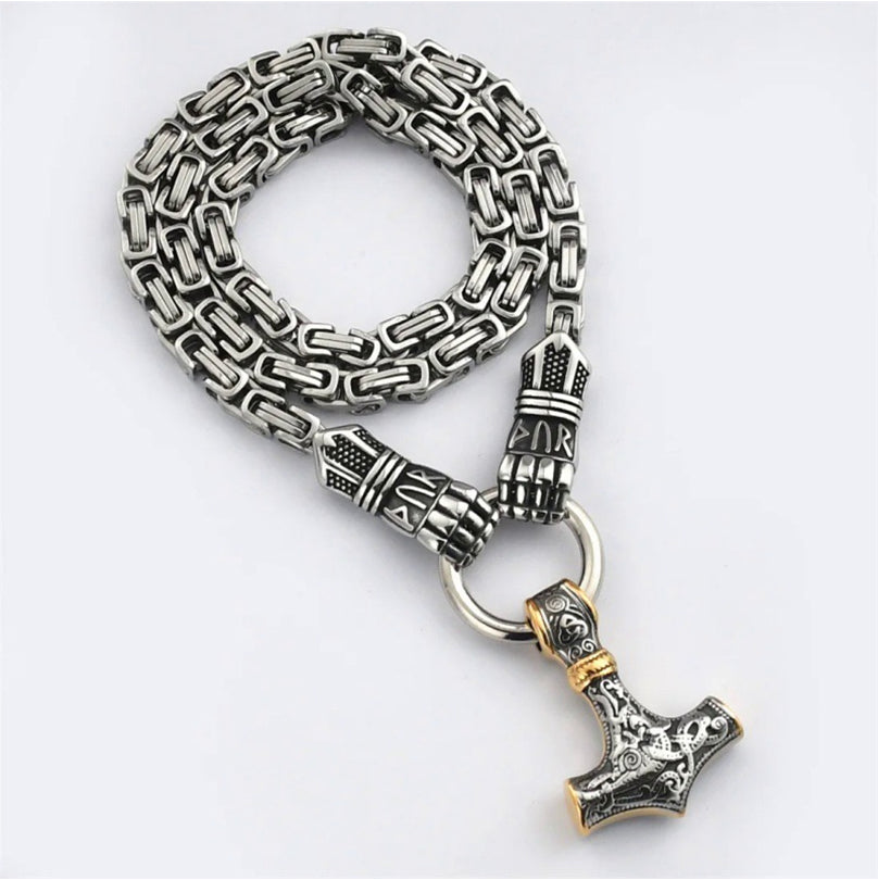 Viking Thor Hammer Pendant Necklace Stainless Steel Byzantine Chain