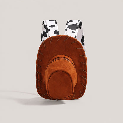 Western Cowboy Hat Shaped Backpack Cow Print Straps Mini Leather Purse