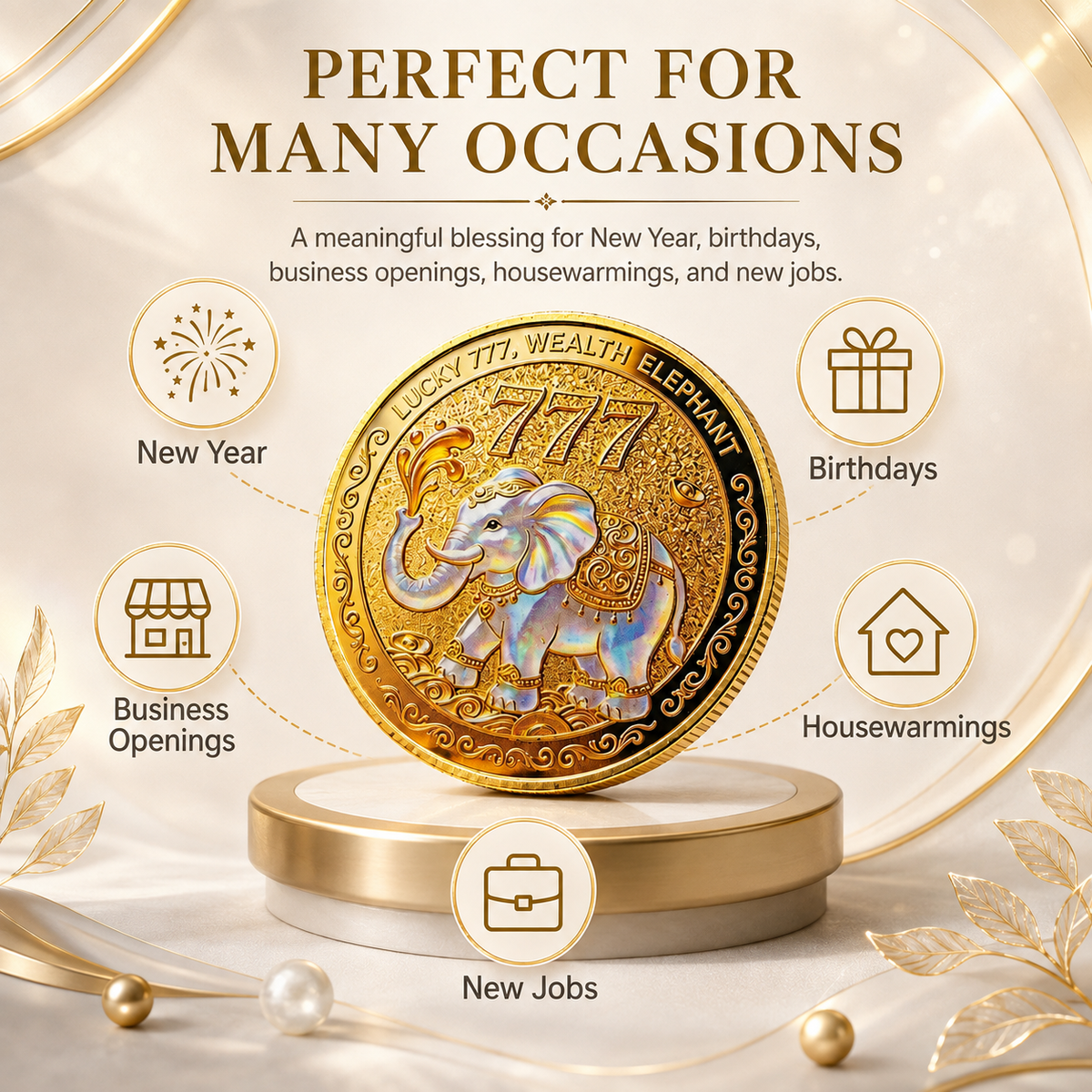 2D Lucky Elephant Coin, Double‑Sided 777 Wealth Token, Water‑Spraying Fortune Talisman