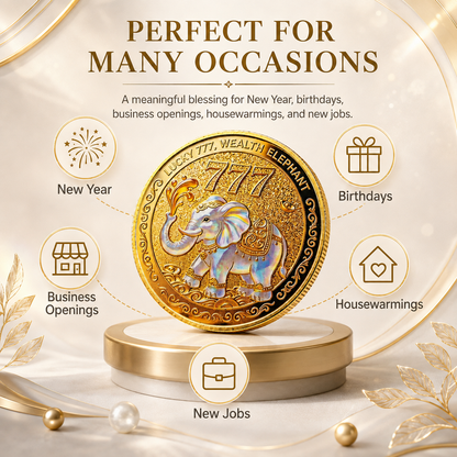 2D Lucky Elephant Coin, Double‑Sided 777 Wealth Token, Water‑Spraying Fortune Talisman