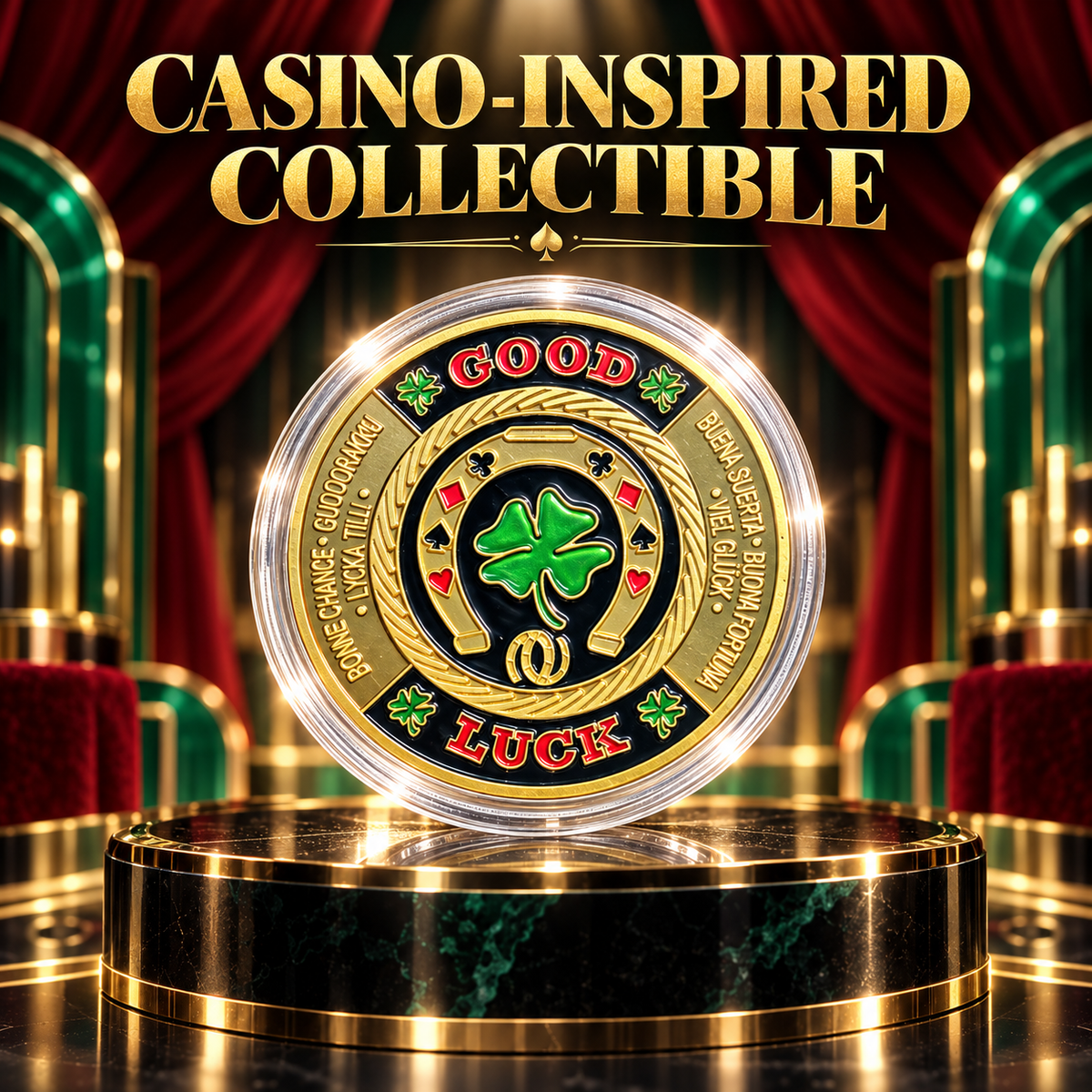 🍀GOOD LUCK ‑ Gold Metal Poker With Protective Case