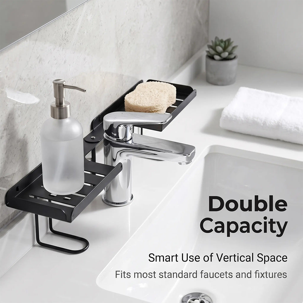 No-Drill Folding Bathroom Sink Storage Rack – Faucet-Mounted Organizer for Cosmetics & Toiletries