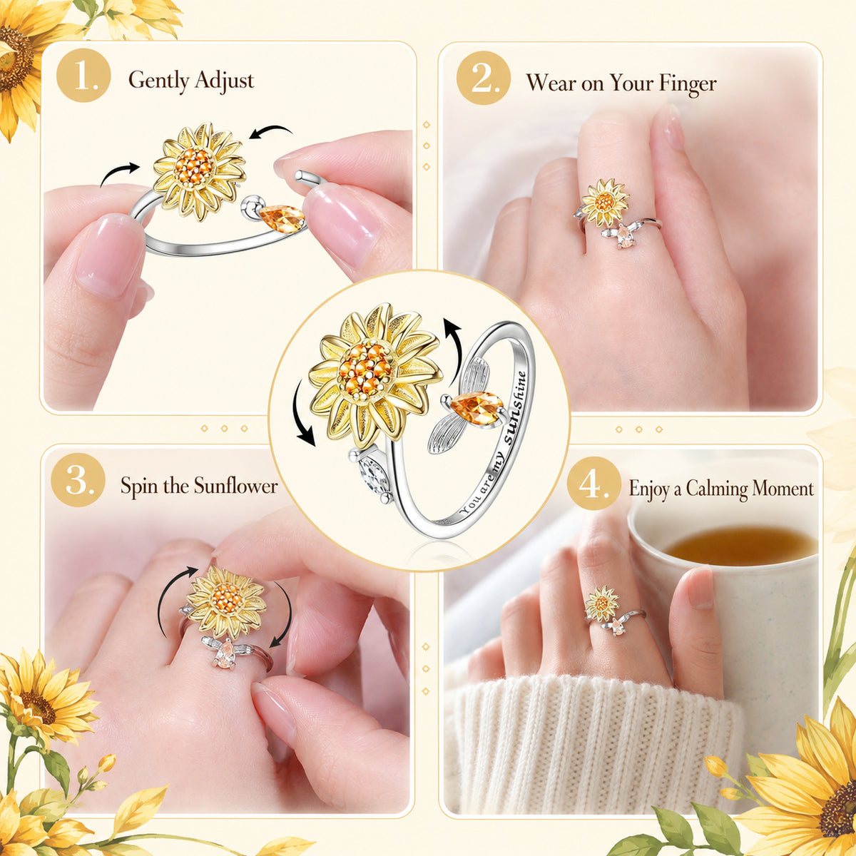 Sunflower Fidget Rings for Women,You are My Sunshine Chic Sunflower Open Ring