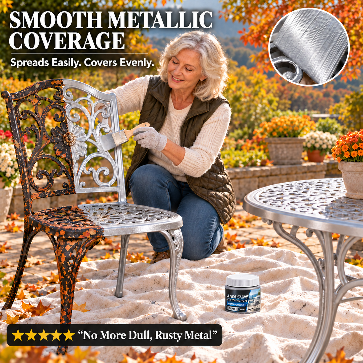 Silver paint being applied to decorative metal outdoor furniture