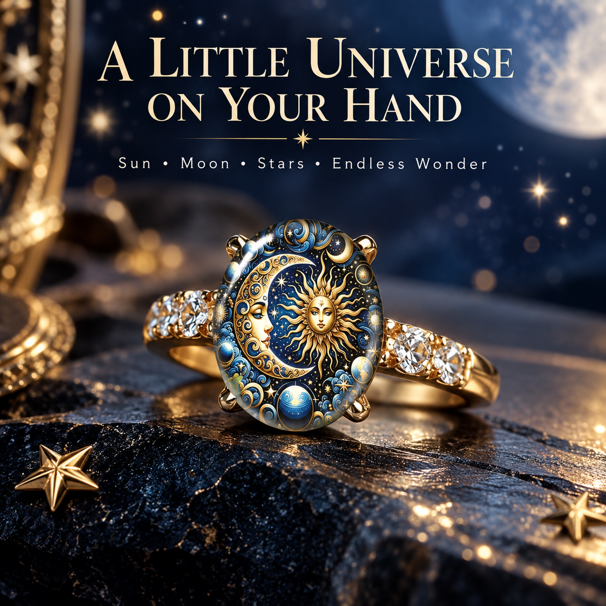 💍Sun & Moon Celestial Gold Ring – Vintage Cosmic Oval Jewelry☀️🌙