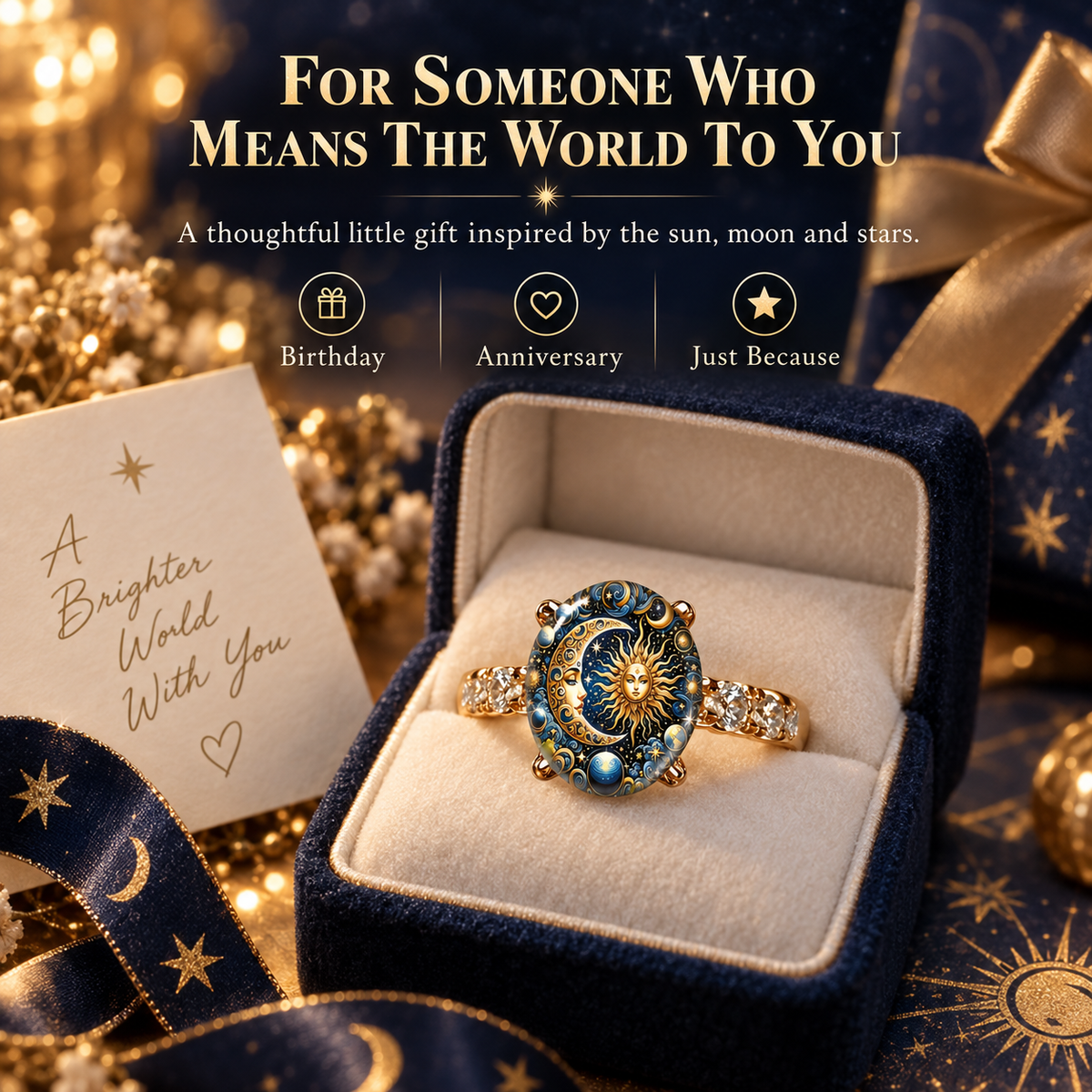 💍Sun & Moon Celestial Gold Ring – Vintage Cosmic Oval Jewelry☀️🌙