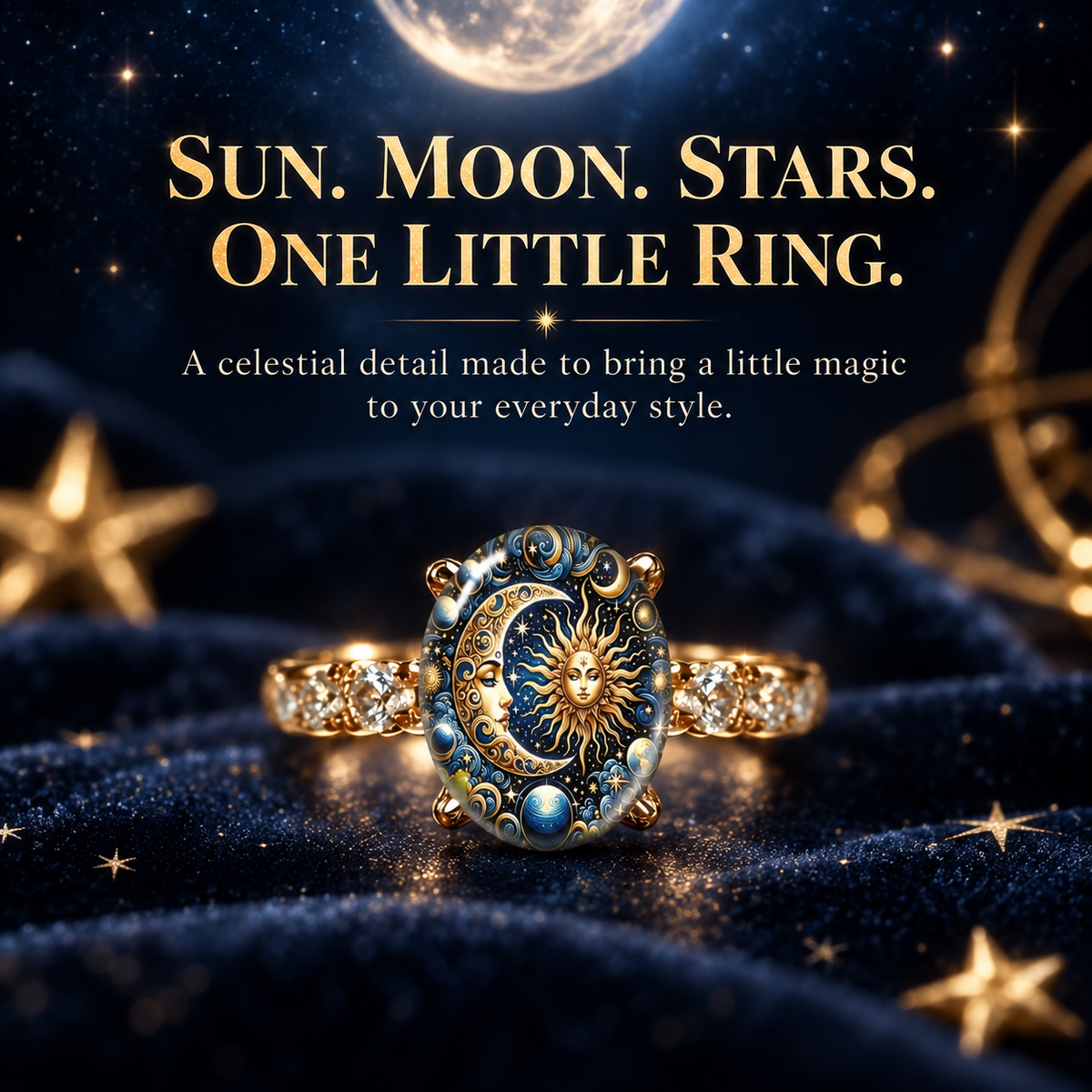 💍Sun & Moon Celestial Gold Ring – Vintage Cosmic Oval Jewelry☀️🌙