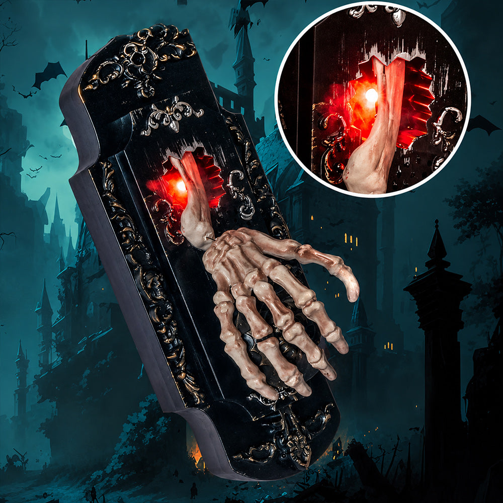 Hanging Touch/Motion Activated Skeleton Hand Doorbell with Red Light, Scary Sound Haunted House Decoration