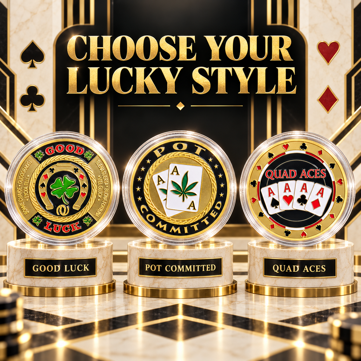 🍀GOOD LUCK ‑ Gold Metal Poker With Protective Case