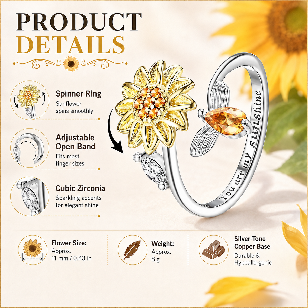 Sunflower Fidget Rings for Women,You are My Sunshine Chic Sunflower Open Ring