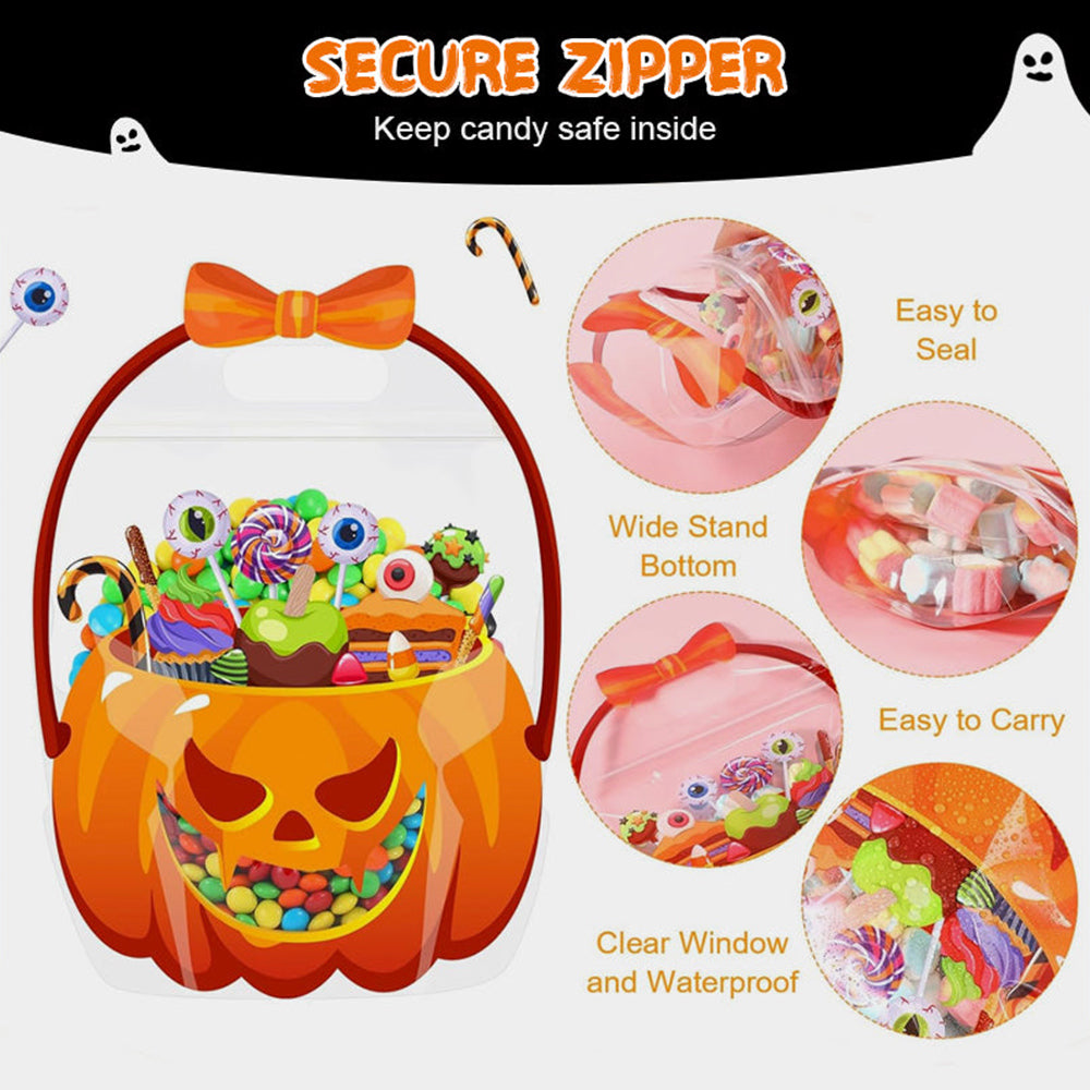 Halloween pumpkin treat bag with resealable zipper