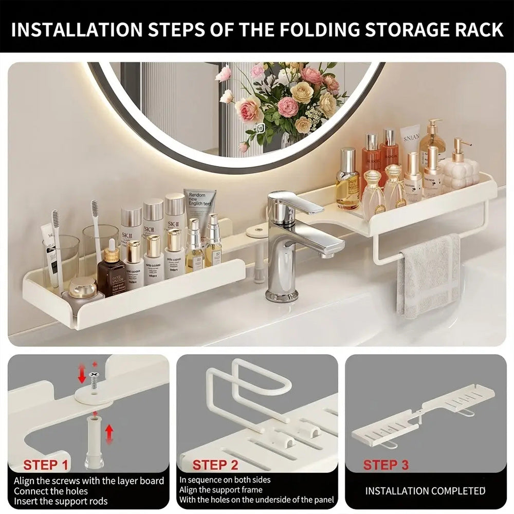No-Drill Folding Bathroom Sink Storage Rack – Faucet-Mounted Organizer for Cosmetics & Toiletries