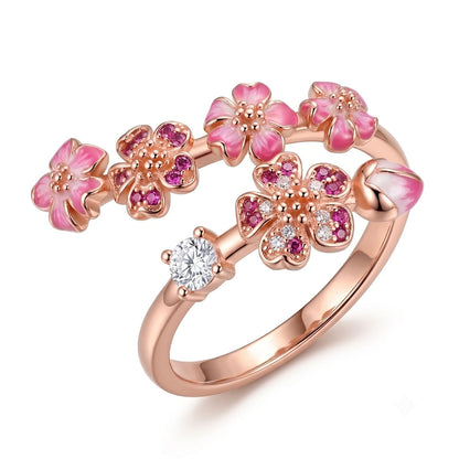 Peach Blossom Ring For Women, Rose Gold Plated Adjustable Pink Floral Jewelry Ring