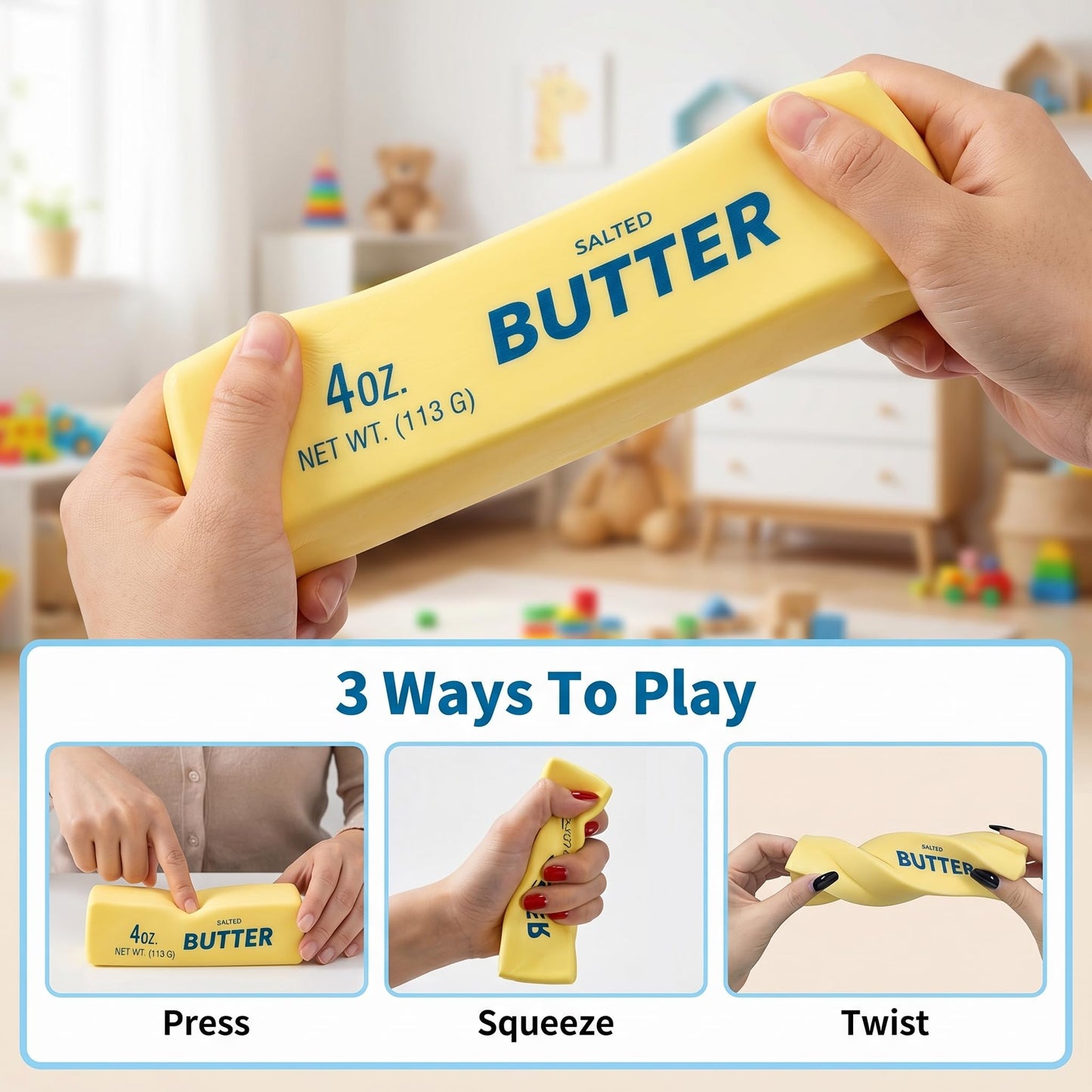 Crunchy Butter Bar Squishy Toy – Satisfying Squeeze Sensory Fidget Toy for Stress Relief, Relaxation & Fun