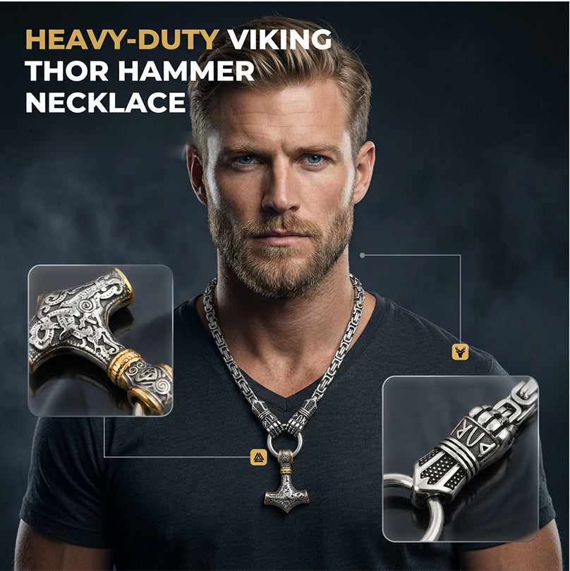 Viking Thor Hammer Pendant Necklace Stainless Steel Byzantine Chain