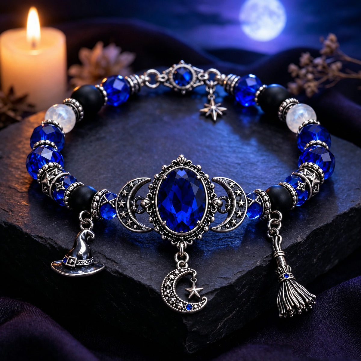 🔮 Witch’s Crystal Moon Charm Bracelet
