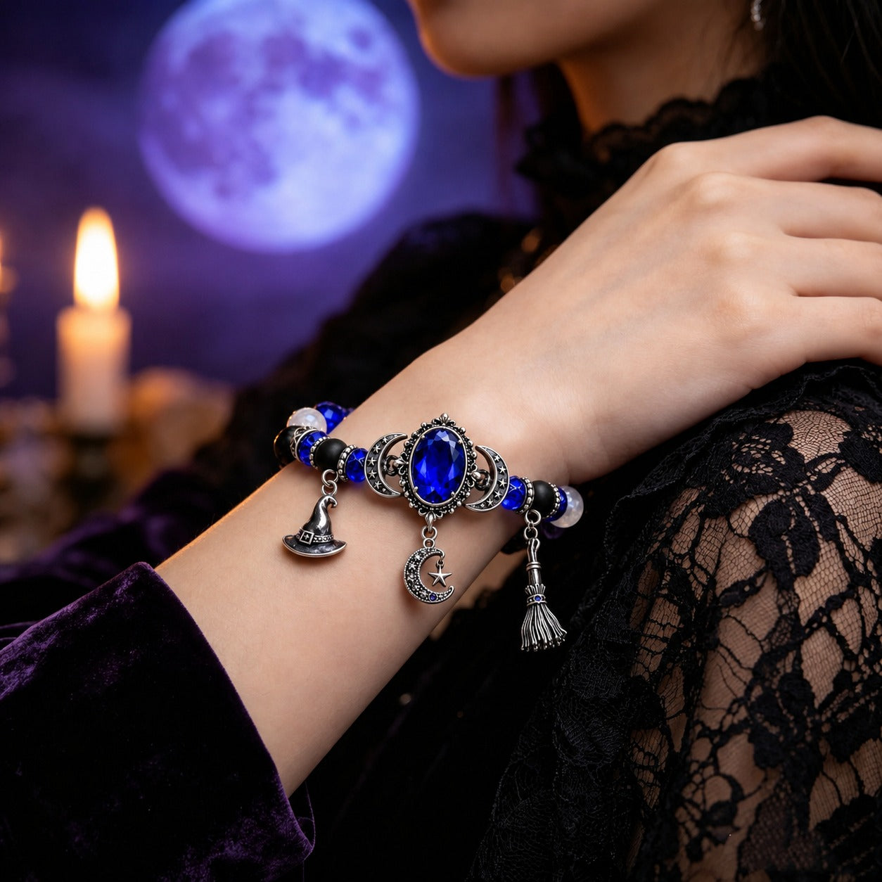 🔮 Witch’s Crystal Moon Charm Bracelet