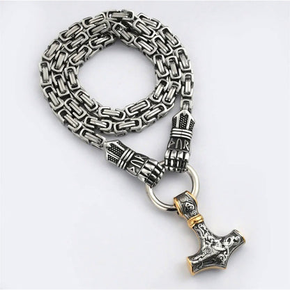 Viking Thor Hammer Pendant Necklace Stainless Steel Byzantine Chain